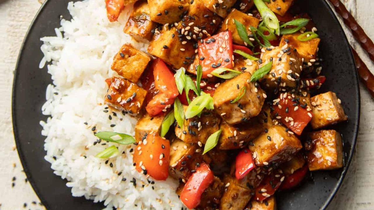 Sticky Gochujang Tofu with Herbs and Peanuts